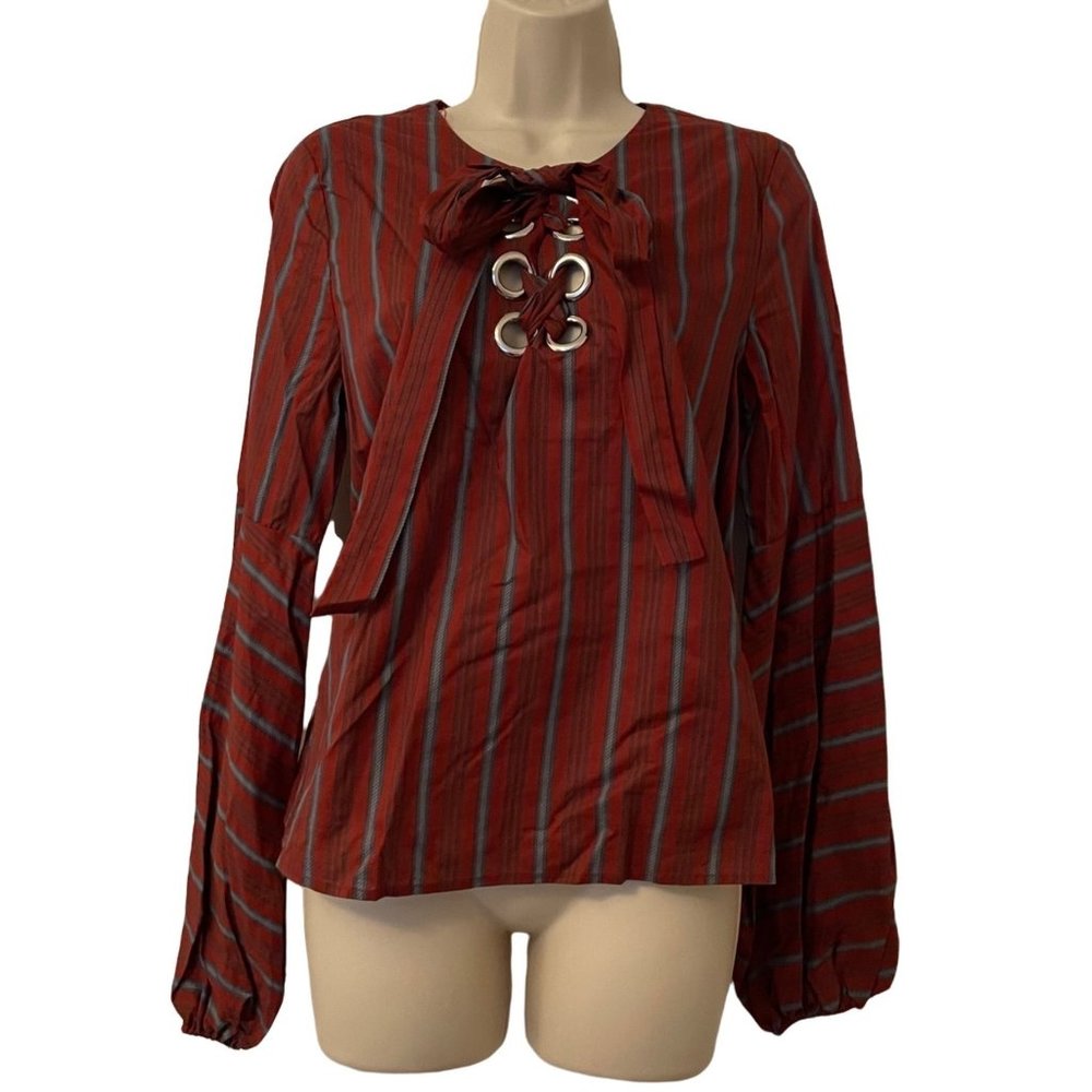 J.O.A. Rust Red Stripe Lace-Up Long Sleeve Blouse